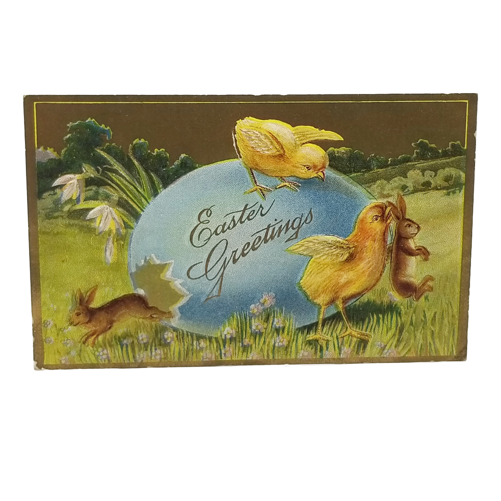 Easter Postcard Rabbits Playing with Baby Chicks in Giant Painted Egg Series 2