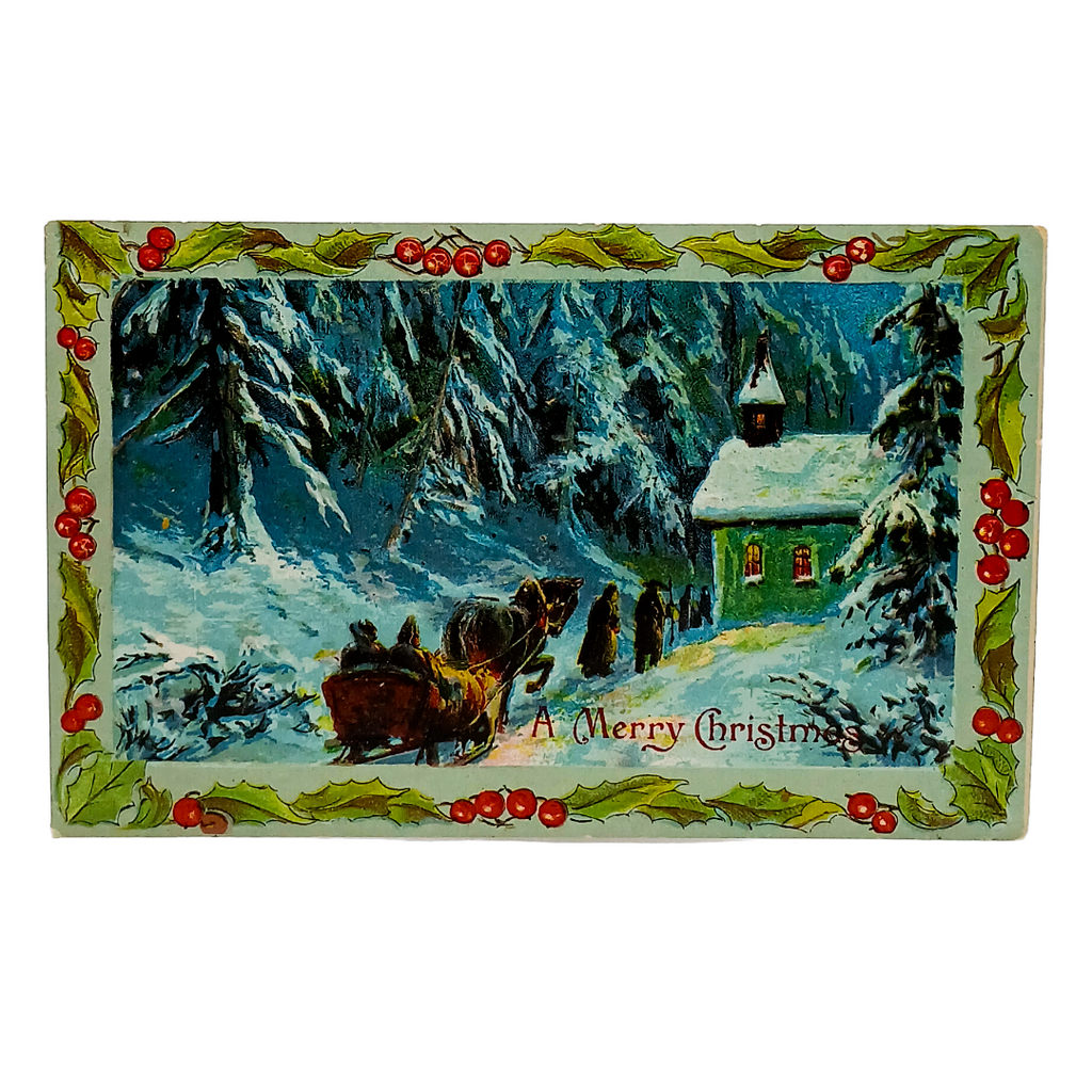 Christmas Postcard Horse Drawn Sleigh in Snow at Night Holly Border