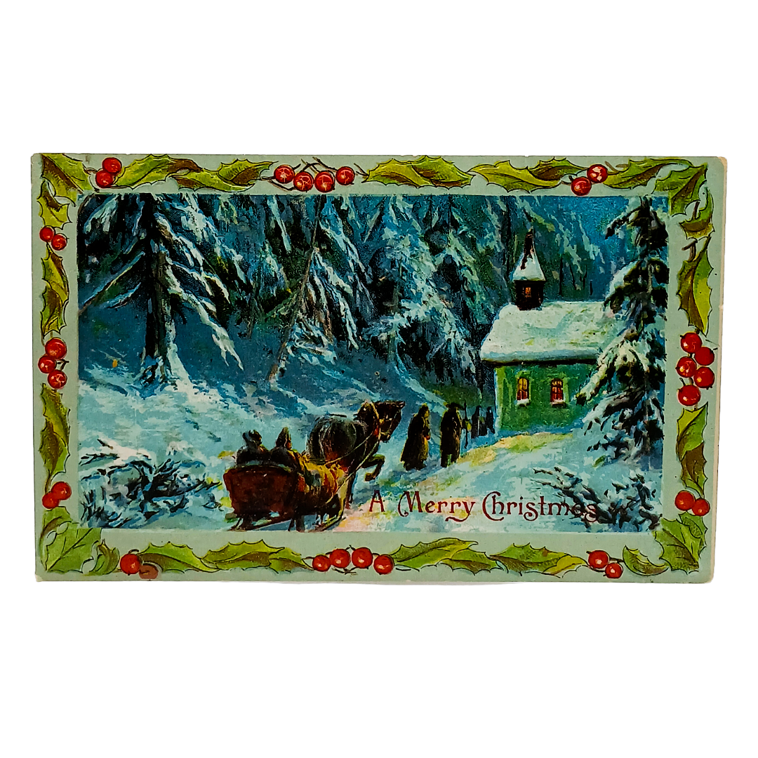 Christmas Postcard Horse Drawn Sleigh in Snow at Night Holly Border
