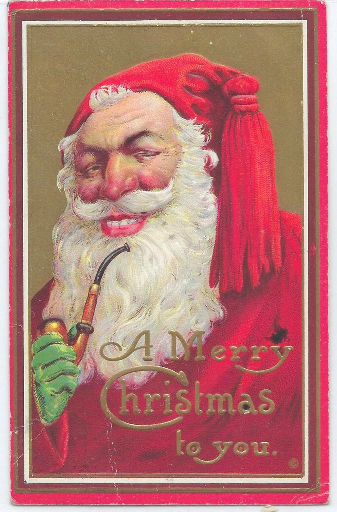 Christmas Postcard Santa Claus in Red Suit Holding Pipe Embossed Gold Series 213D