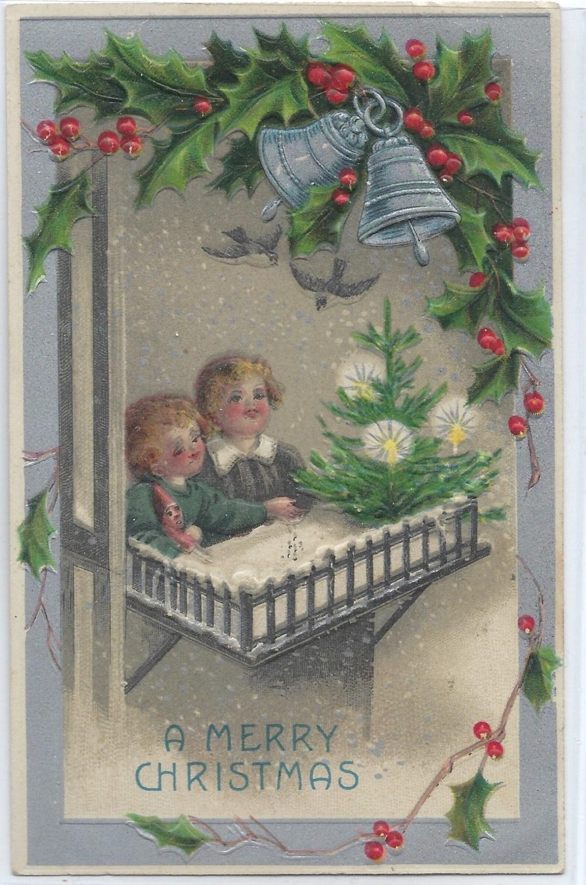 Christmas Postcard Children with Tree & Holly Silver Embossed Card Series 323