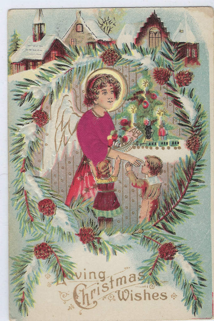 Christmas Postcard Angel with Child Pink Silk Applied Top Embossed Snow & Pine Cones Made in Austria