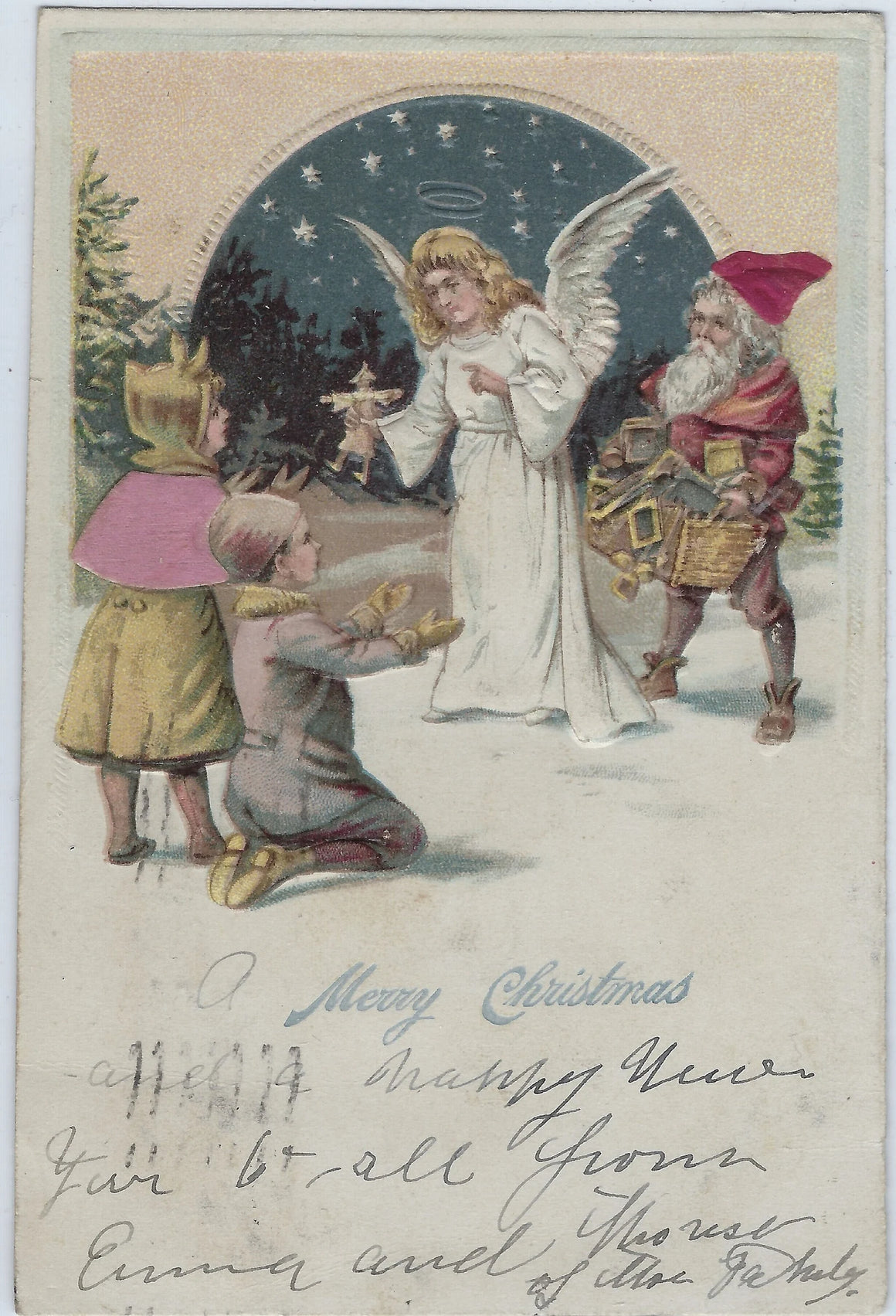 Silk Applied Christmas Angel Postcard with Small Santa Claus and Children