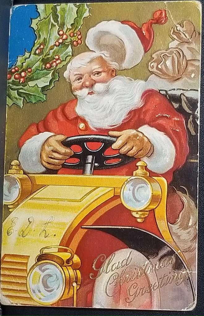 Christmas Postcard Santa Claus Driving Car Gold Background Series NO 2