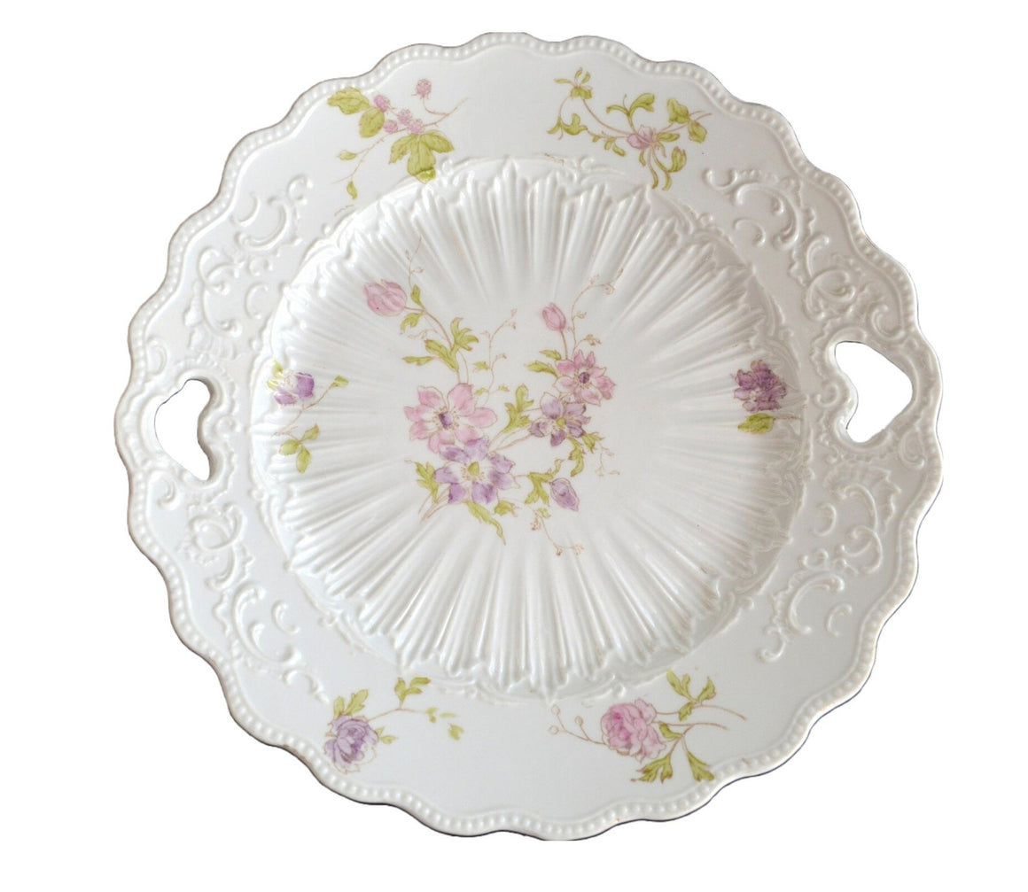 Antique German Porcelain Cake Plate Purple Flower Decoration