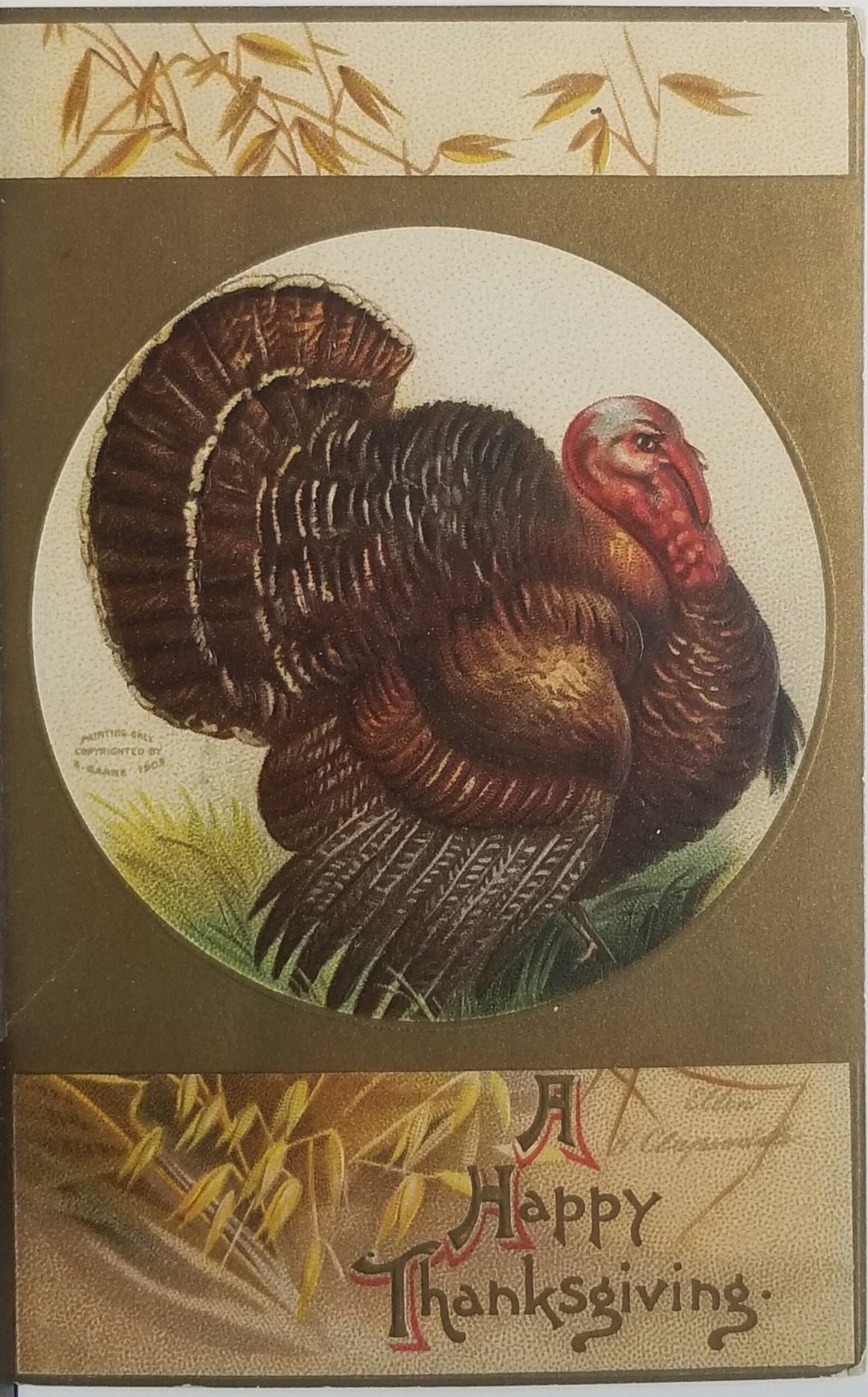 Thanksgiving Postcard Artist Ellen Clapsaddle Series 51760 Turkey in Meadow Gold Background