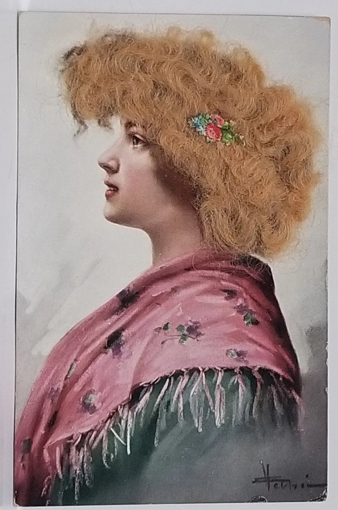 Real Hair Postcard Portrait of Woman Applied Hair Artist Signed Series 2609