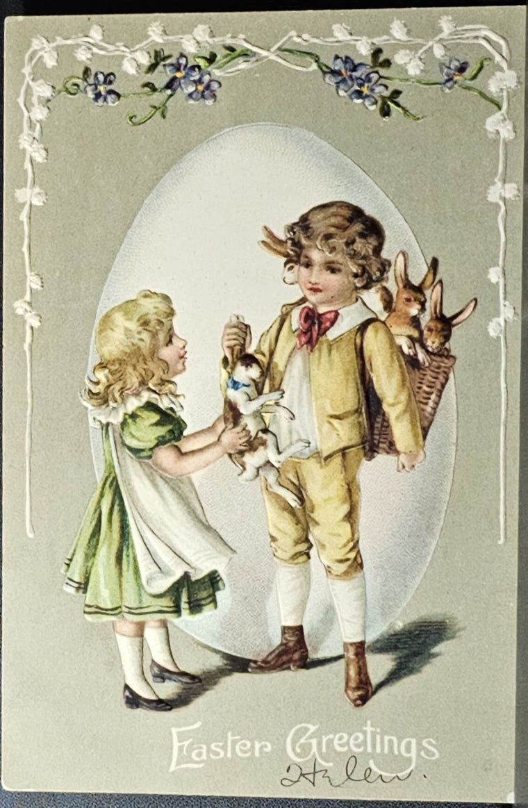 Easter Postcard Little Boy Giving Girl a Rabbit from His Bunny Rabbit Basket EAS Pub