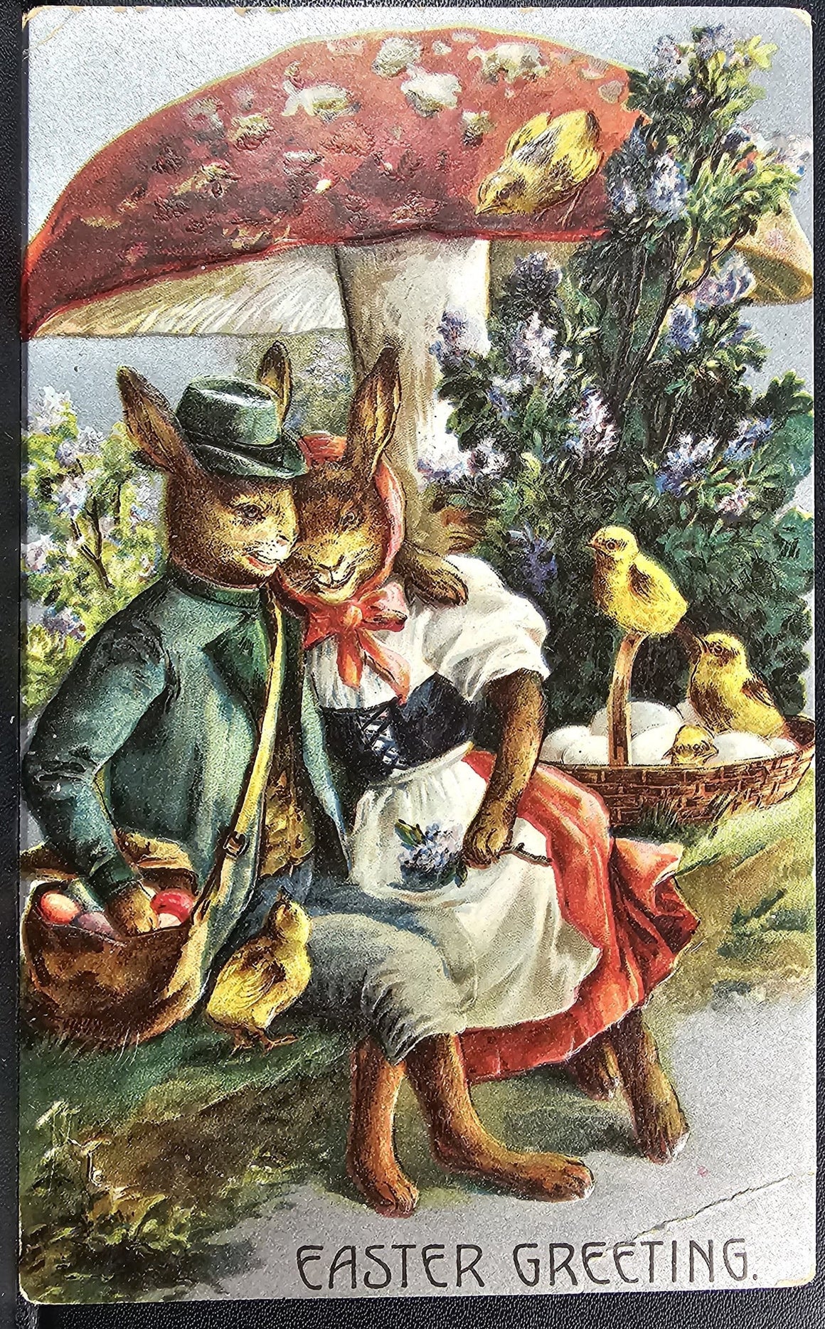 Easter Postcard Anthropomorphic Bunny Rabbit Couple Under Giant Mushroom Fantasy Themed