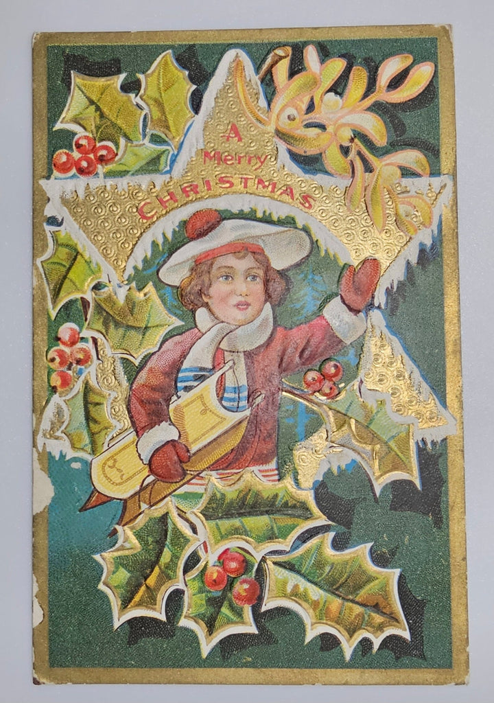 Christmas Postcard Child with Sled Surrounded by Holly with Gold Highlights