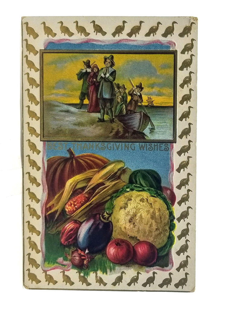 Thanksgiving Postcard Pilgrims with Fall Harvest Turkey Gold Border