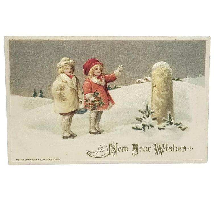 New Year Postcard Children in Snow with Monument Winsch Publishing