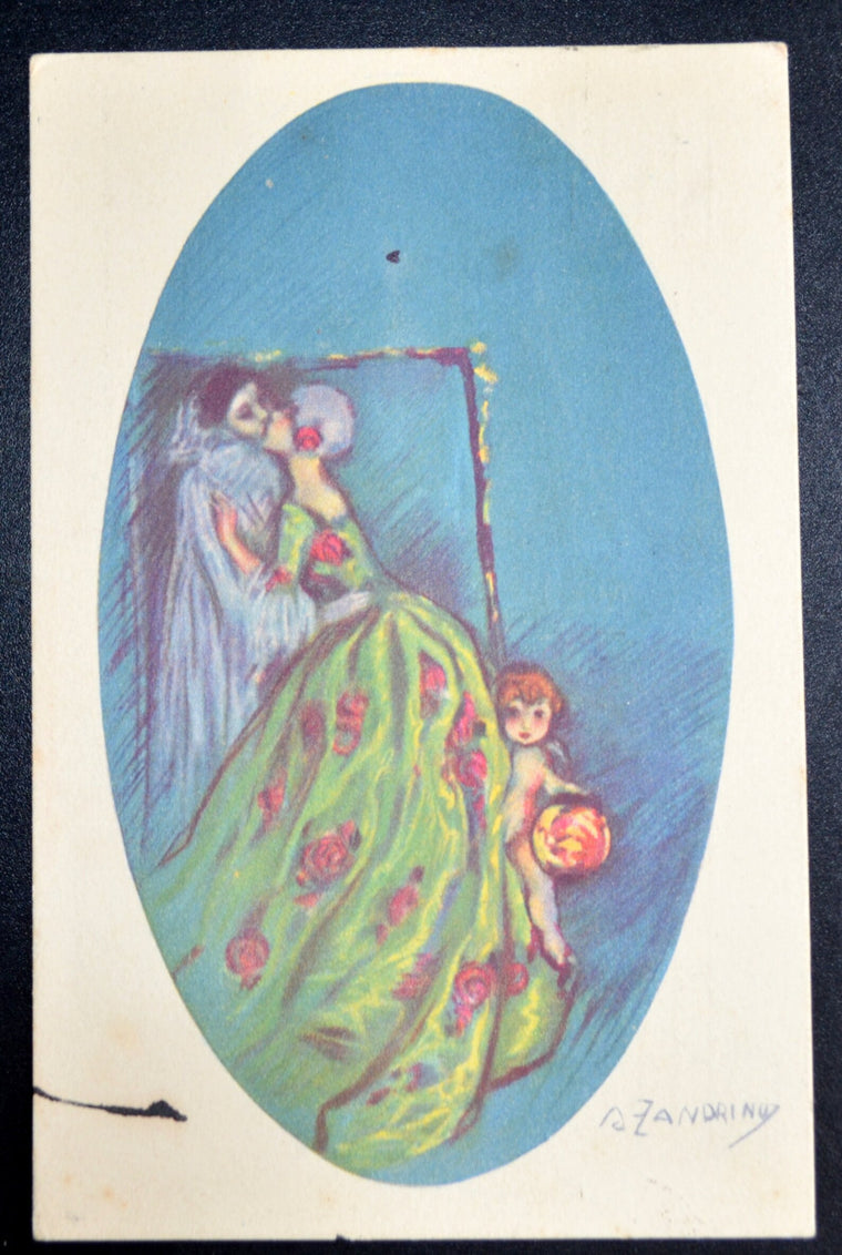 Artist Signed Postcard Italian Adelina Zandrino Art Deco Card Pierrot Kissing Woman Cupid Holding Lantern