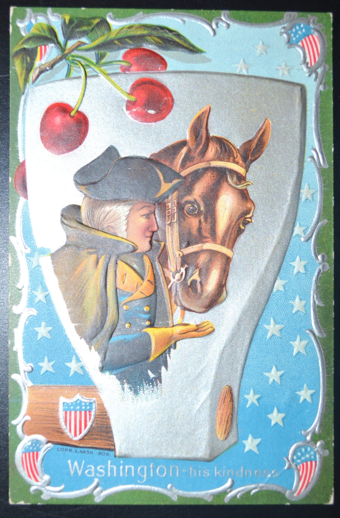 Patriotic Postcard Washington Birthday Series No 2 Nash Publishing President with Horse Silver Axe Background