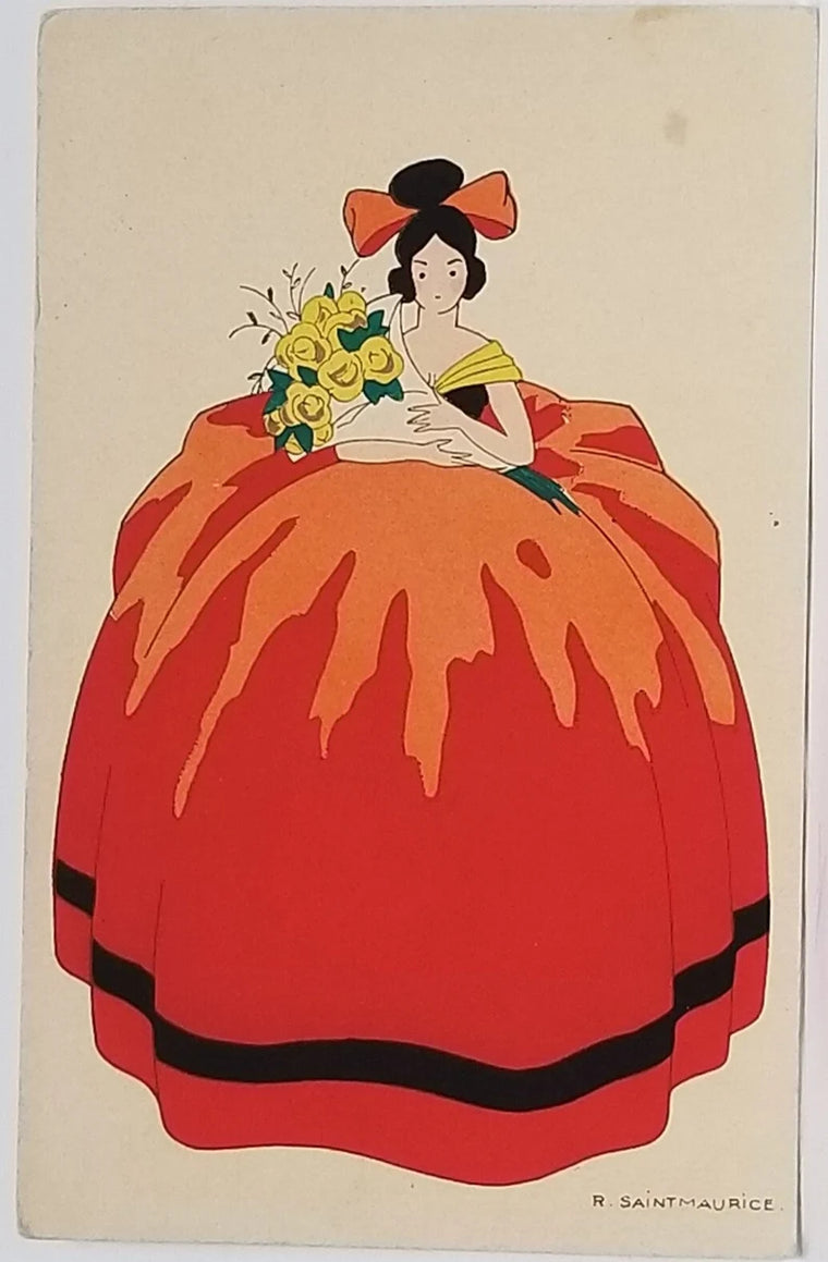 Artist Postcard French Signed R. Saintmaurice Hand Painted Art Deco Woman in Red Dress Holding Flowers