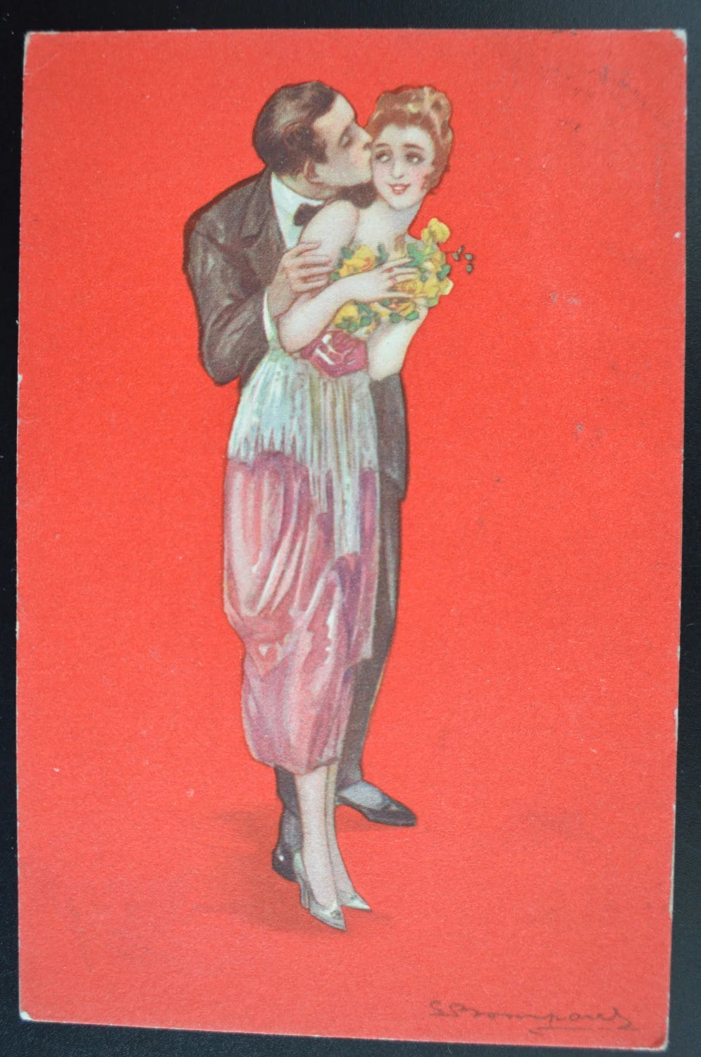 Italian Artist Signed Art Deco Postcard Sergio Bompard Series 562-4 Romantic Couple Red Background