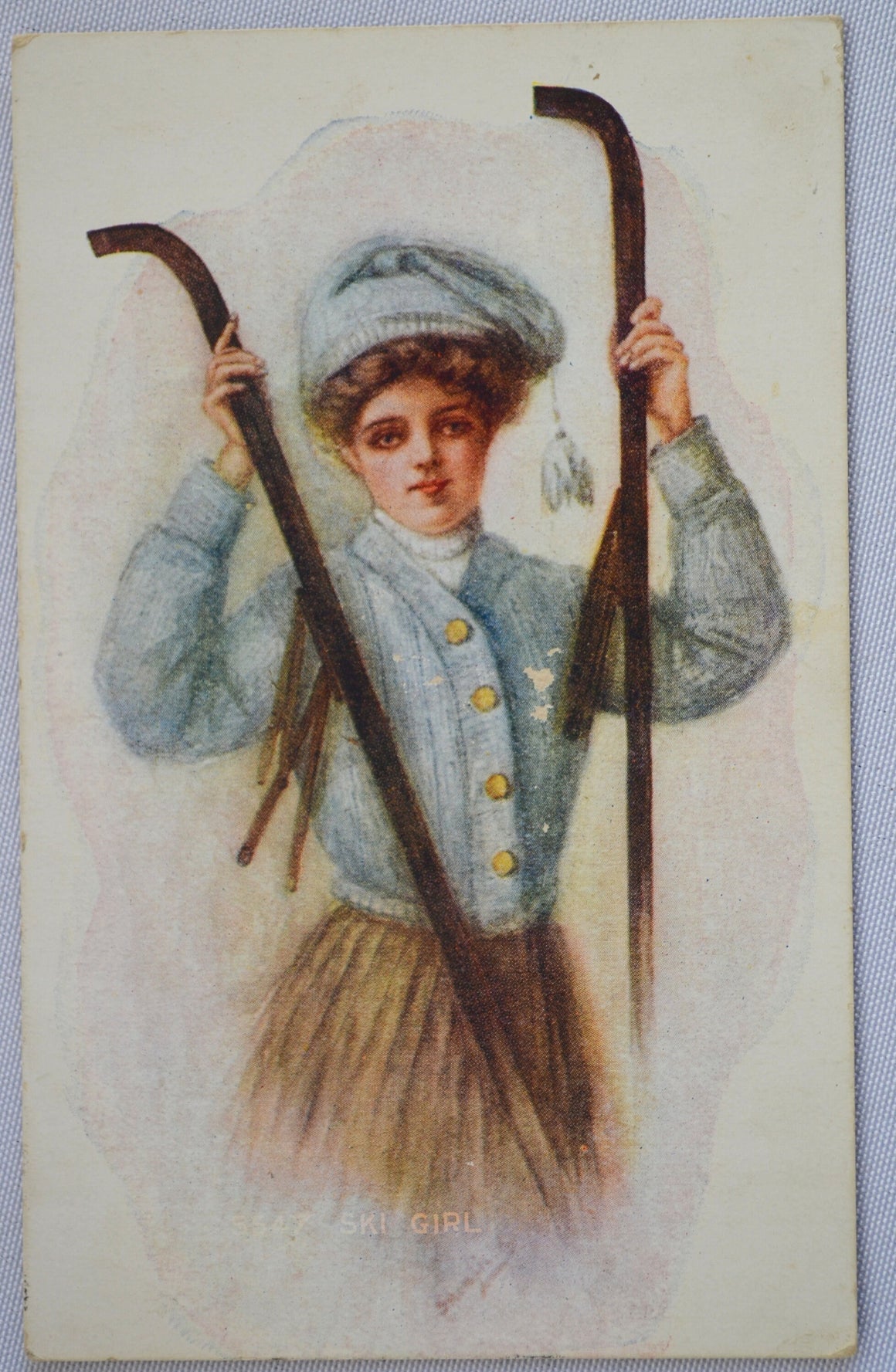 Gibson Girl Edwardian Period Postcard Artist Signed Titled Ski Girl Woman in Blue Sweater