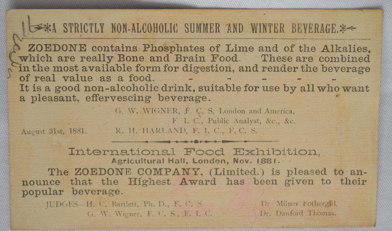 Advertising Trade Card Zoedone Beverage