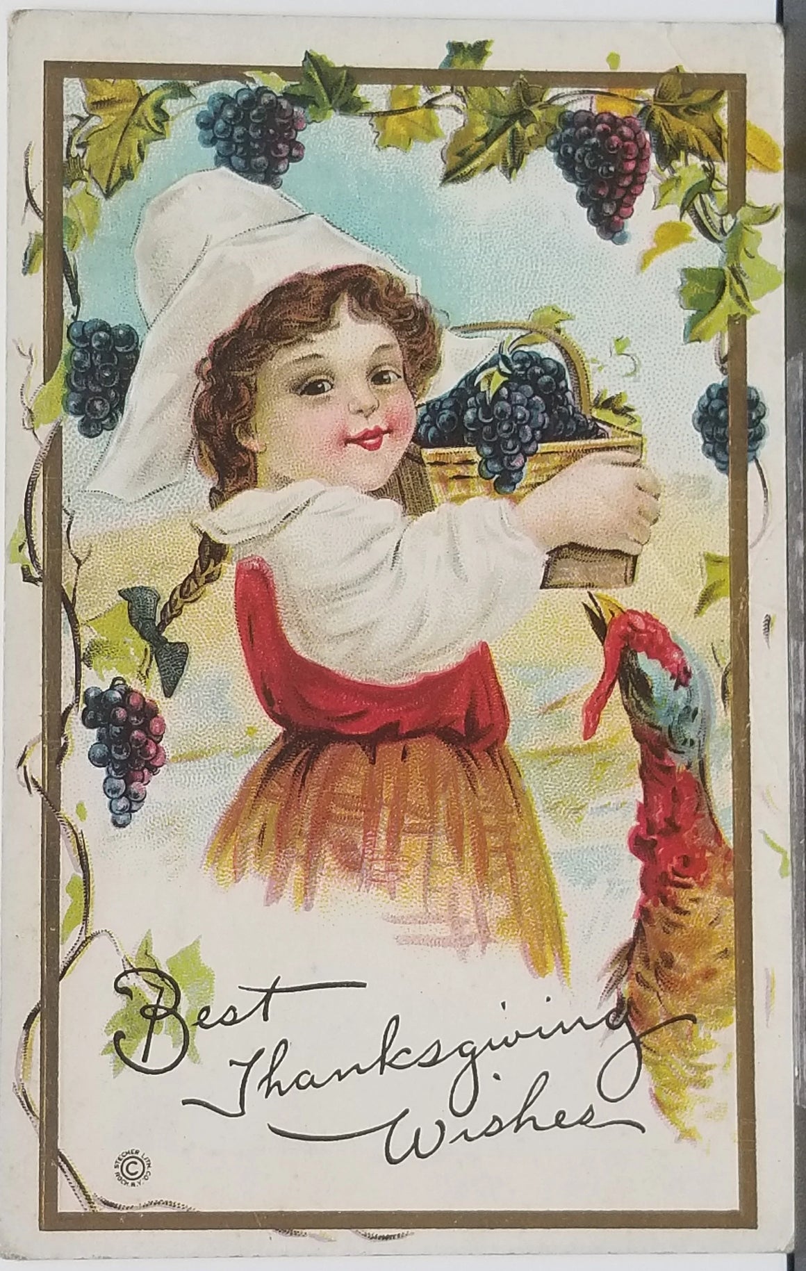 Thanksgiving Postcard Embossed Girl with Turkey and Hanging Grapes