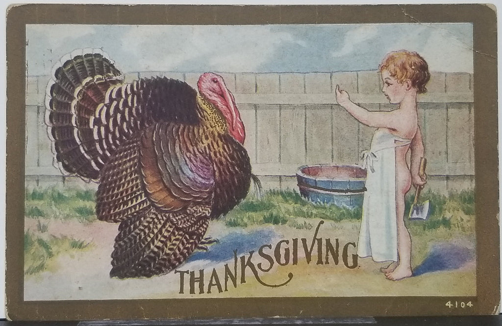 Thanksgiving Postcard Little Boy Feeding Turkey Holding a Butcher Knife Behind His Back