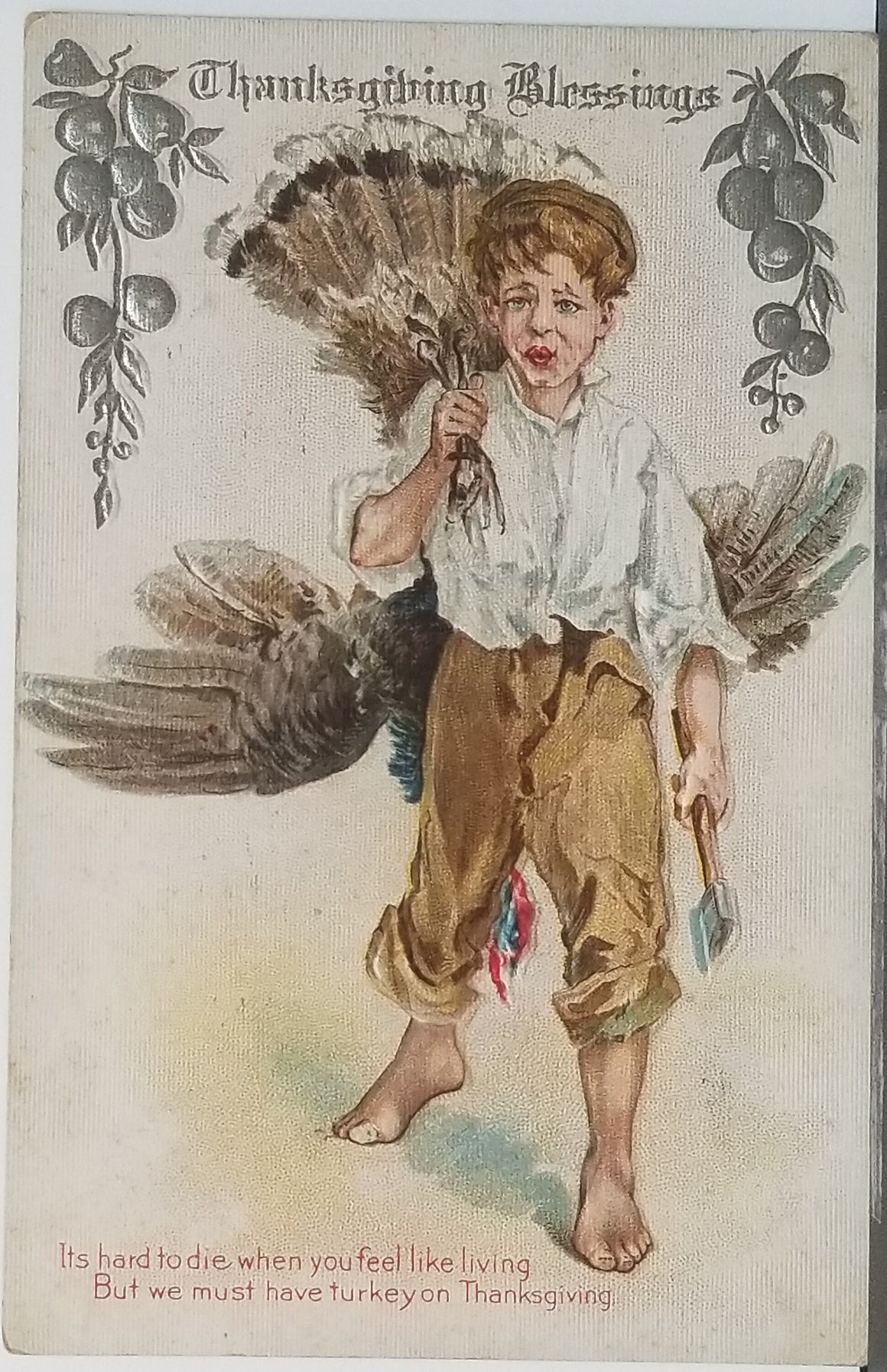 Thanksgiving Postcard Silver Embossed Card Boy Holding Turkey Series 12