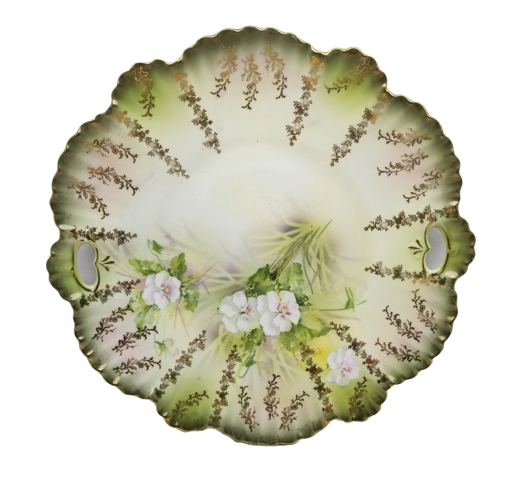 Antique RS Prussia German Porcelain Cake Plate Scalloped Rim Gold Stencil White Floral Decoration