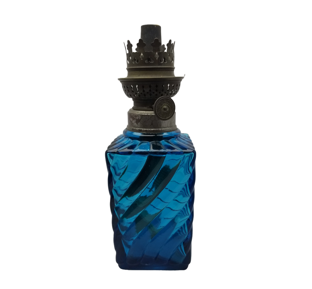 Baccarat French Art Glass Oil Lamp in Peacock Blue with Ribbed and Swirl Pattern”