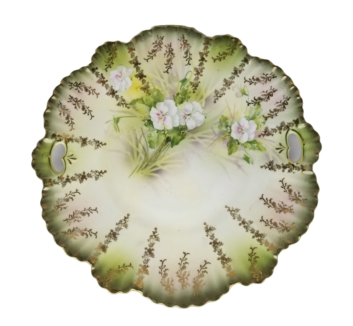 Antique RS Prussia German Porcelain Cake Plate Scalloped Rim Gold Stencil White Floral Decoration