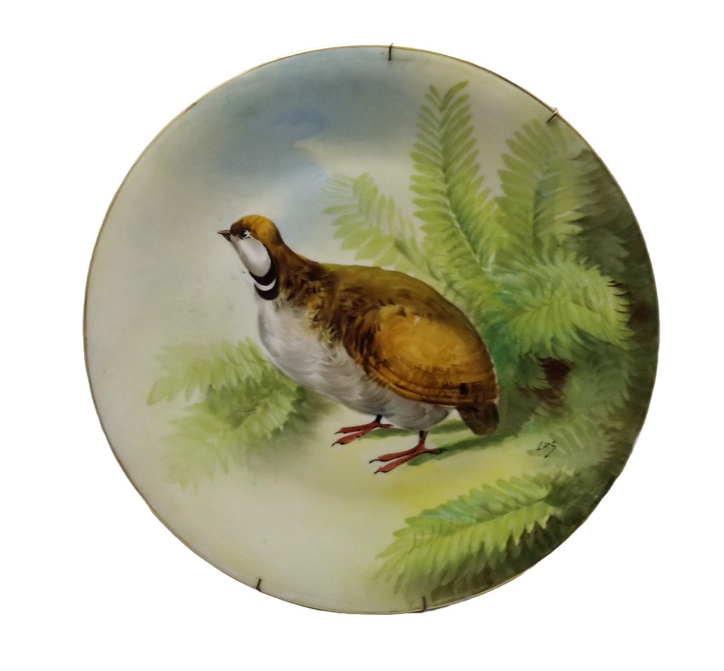 Antique LIMOGES French Porcelain Charger Plate Game Bird Quail Plaque Artist Signed Lus Limoges French Hand Painted Wall Plate