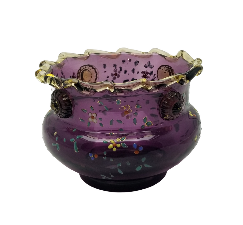 Moser Bohemian Purple Amethyst Art Glass Bowl Vase Rigaree Applied Prunts and Enamel Flowers