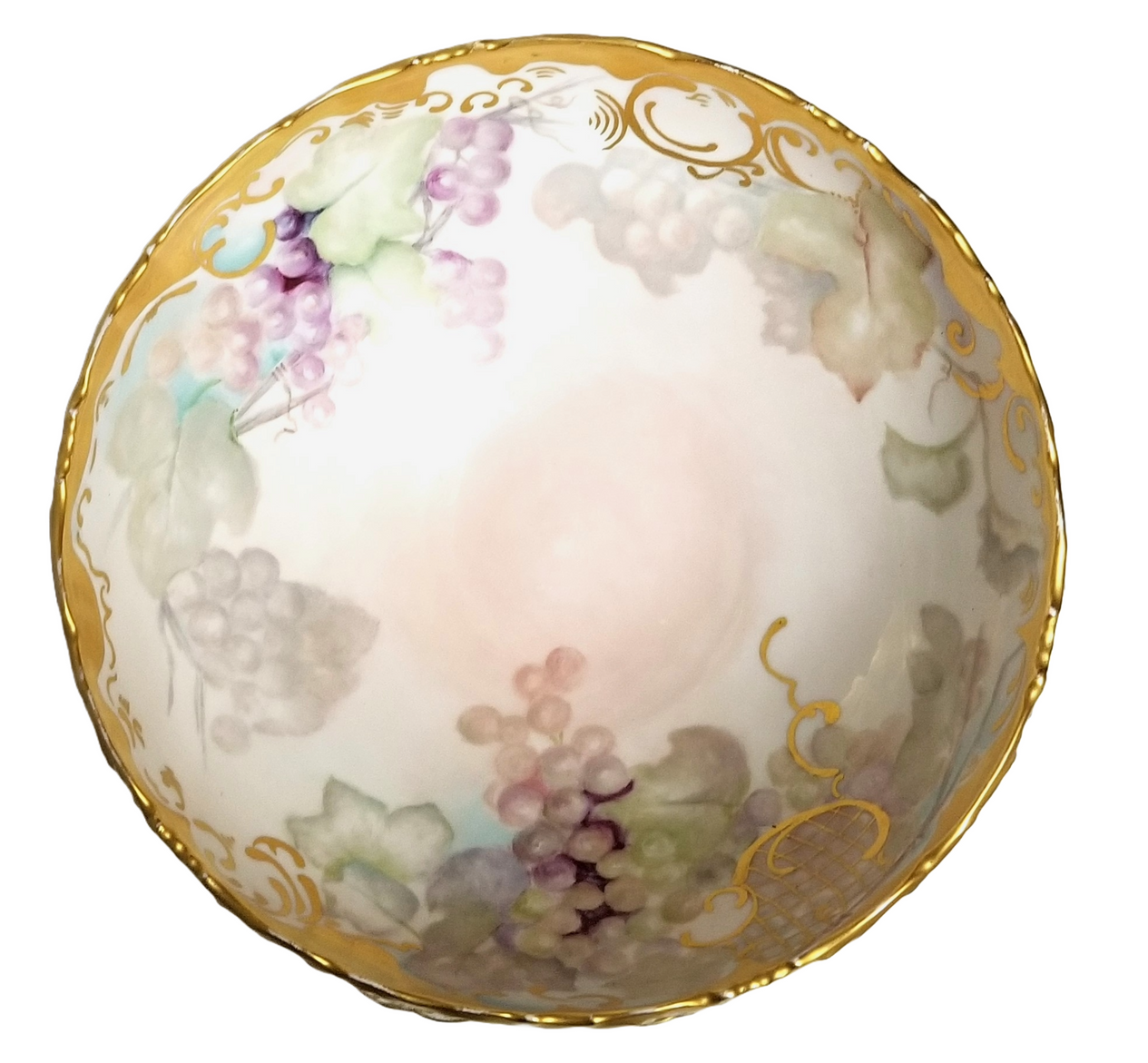 Limoges Porcelain Hand Painted Grapes Punch Bowl with Matching Underplate Art Nouveau Period