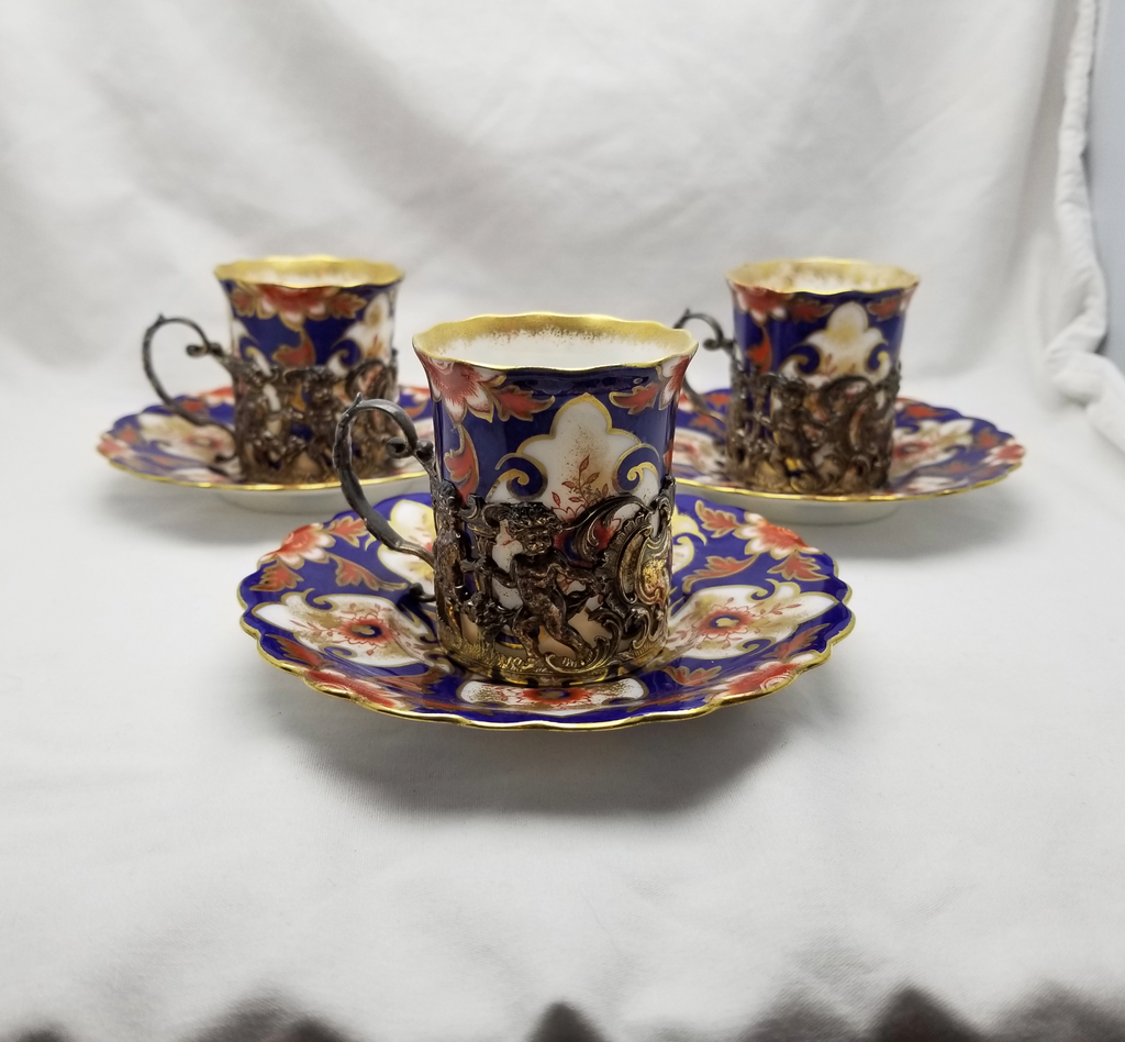 John Aynsley Imari Demitasse Cup Saucer Set Sterling Silver Can Cherub Design Antique English Porcelain