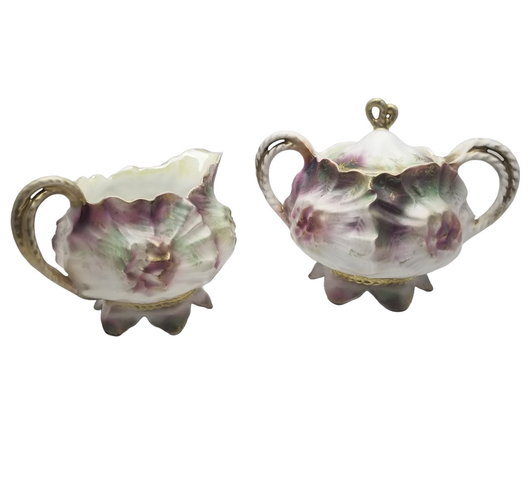 RS Prussia Porcelain Sugar Bowl Creamer Set Sunflower Mold 626 Rare Tiffany Finish Pink Maroon Flowers