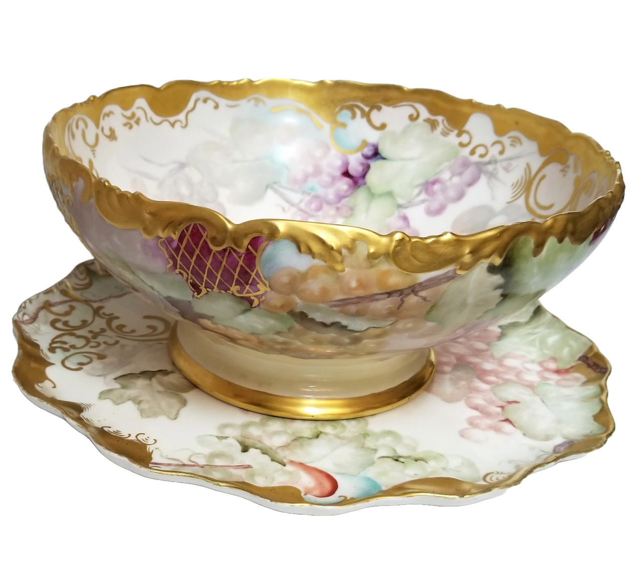 Limoges Porcelain Hand Painted Grapes Punch Bowl with Matching Underplate Art Nouveau Period
