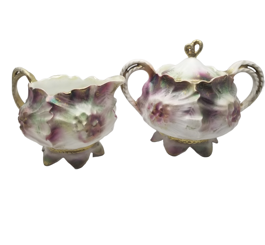 RS Prussia Porcelain Sugar Bowl Creamer Set Sunflower Mold 626 Rare Tiffany Finish Pink Maroon Flowers