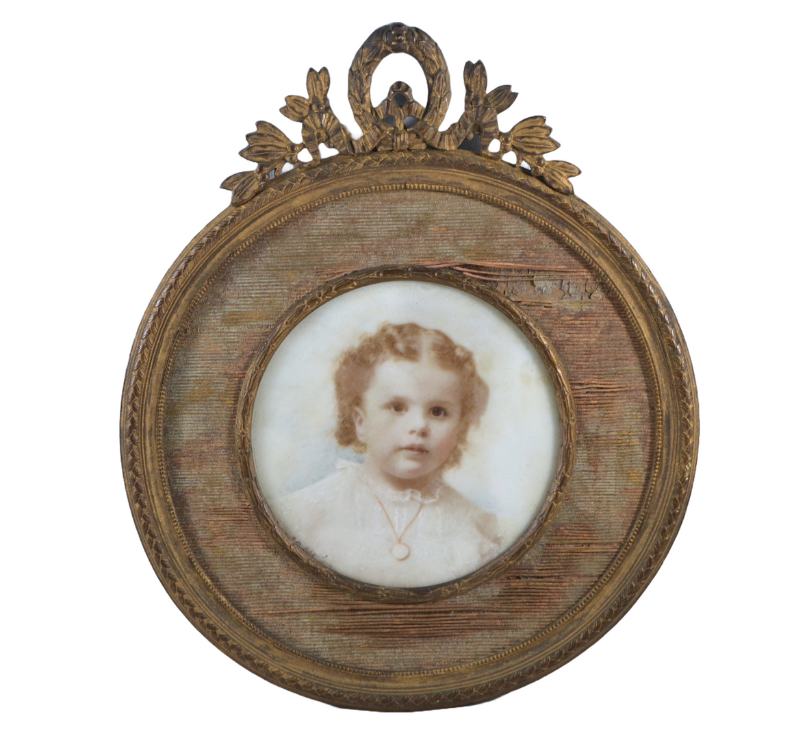 Antique 19th Century Framed Miniature Painting on Porcelain Portrait of Young Child Mixed Media Watercolor Artist Signed