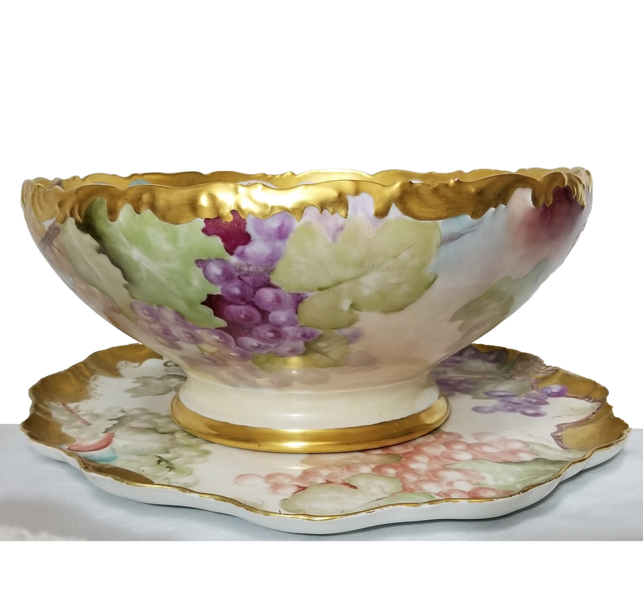 Limoges Porcelain Hand Painted Grapes Punch Bowl with Matching Underplate Art Nouveau Period