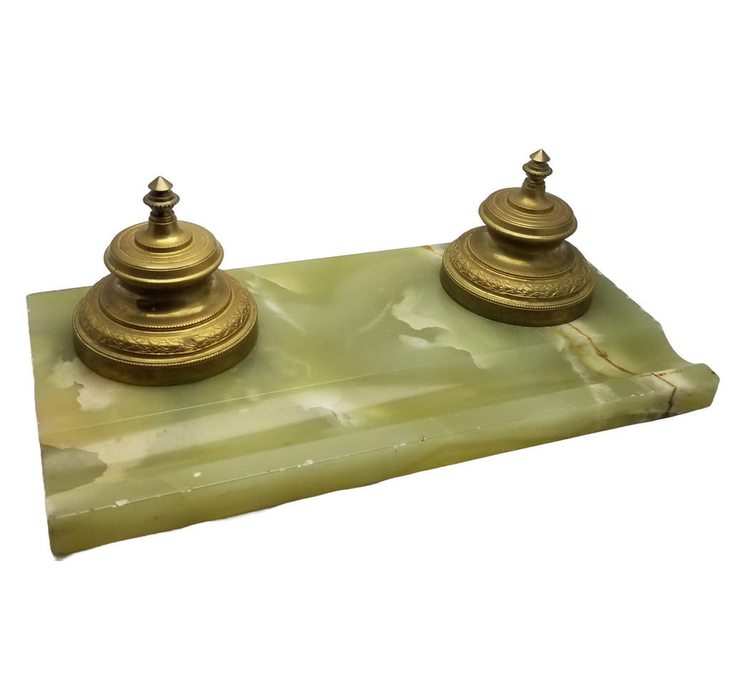 Antique French Ormolu and Green Onyx Double Bronze Inkwell Desk Set