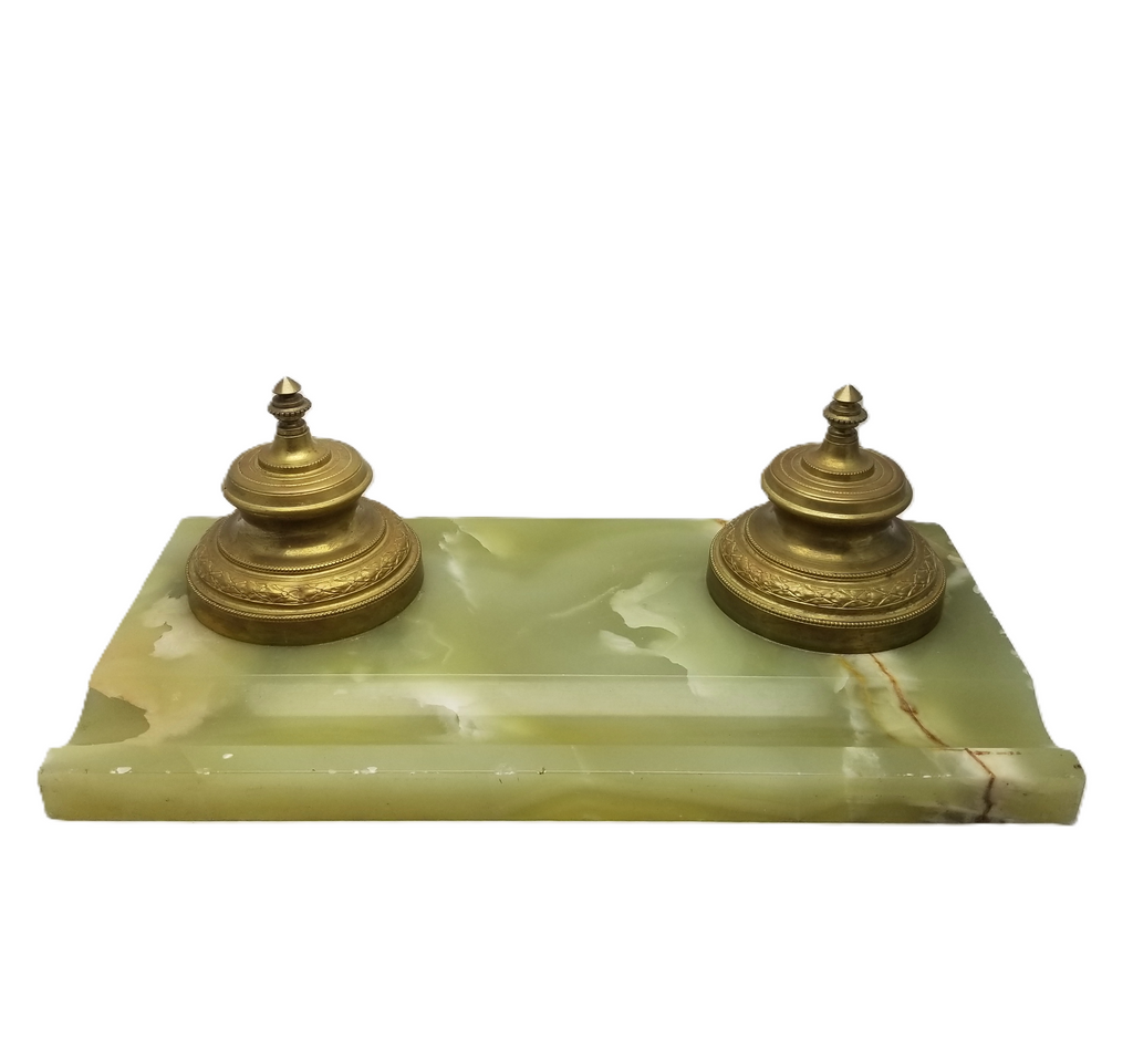 Antique French Ormolu and Green Onyx Double Bronze Inkwell Desk Set