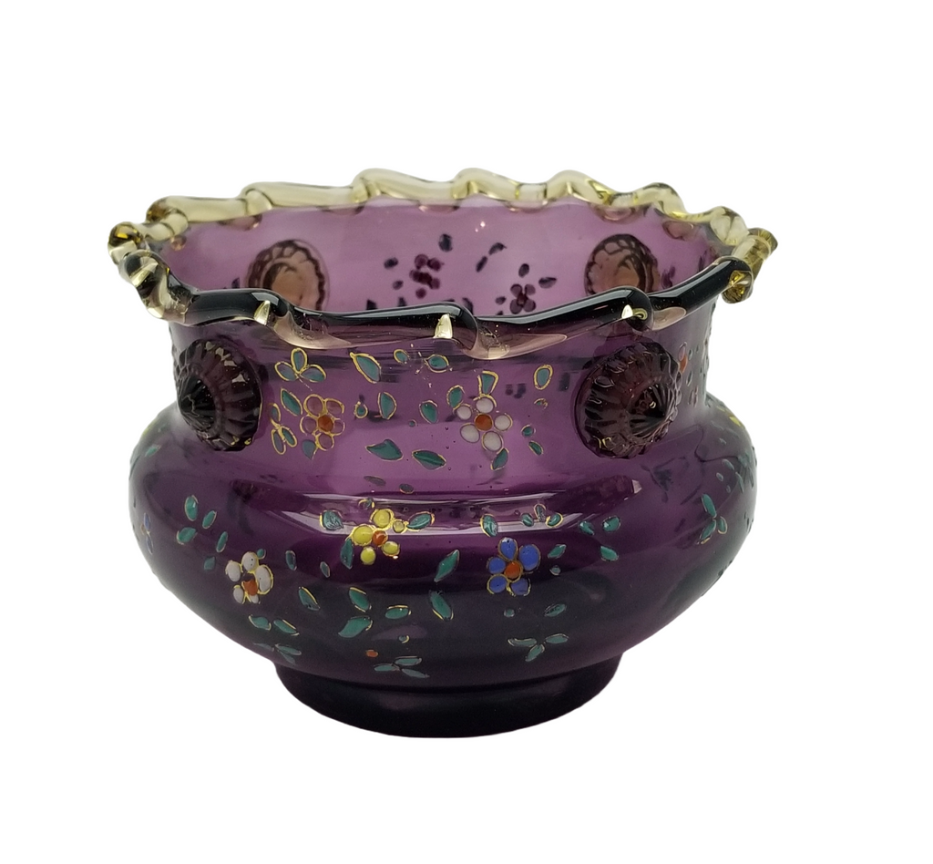 Moser Bohemian Purple Amethyst Art Glass Bowl Vase Rigaree Applied Prunts and Enamel Flowers