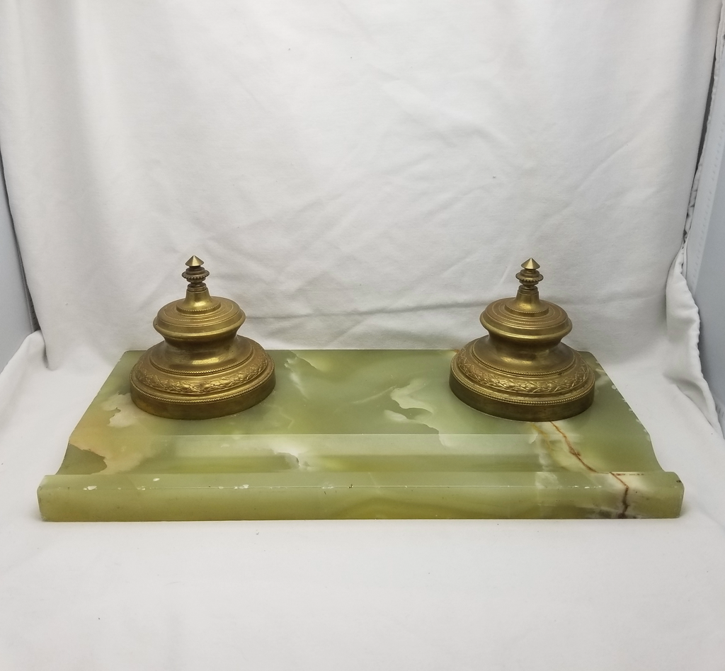 Antique French Ormolu and Green Onyx Double Bronze Inkwell Desk Set