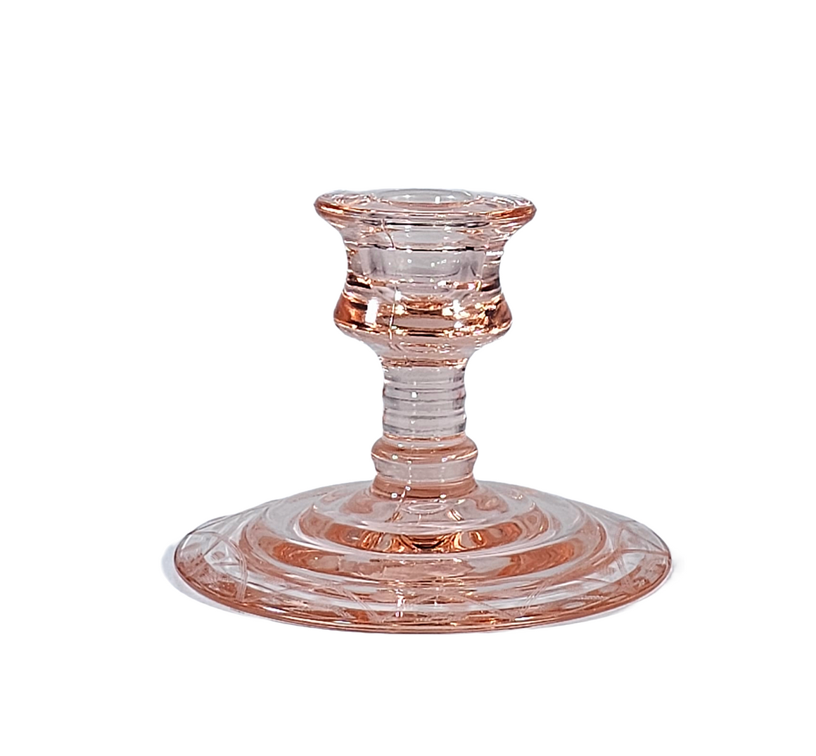 Antique Elegant Pink Depression Glass Candle Holder with Etched Design