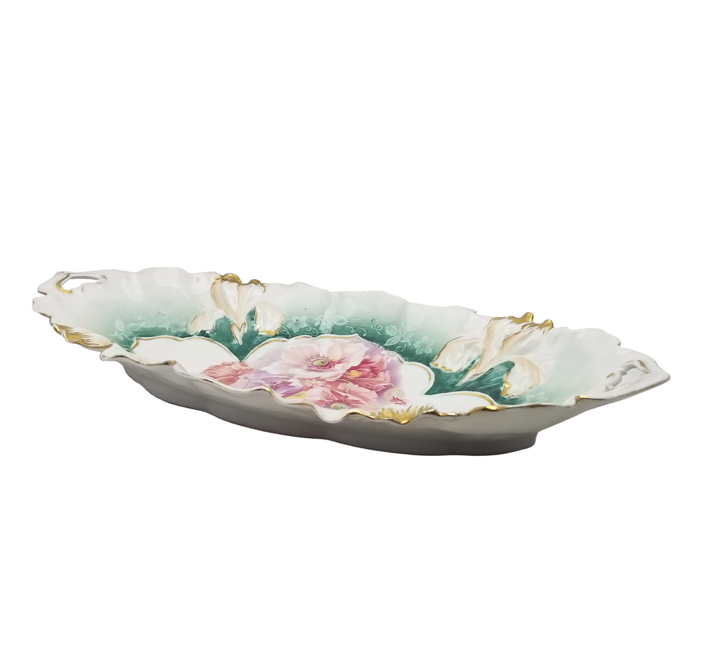 RS Prussia German Porcelain Celery Dish Relish Tray Lily Mold 25 Teal Green Pink Floral Pattern