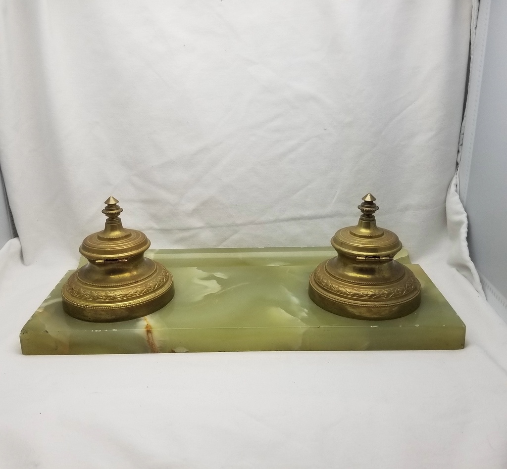 Antique French Ormolu and Green Onyx Double Bronze Inkwell Desk Set