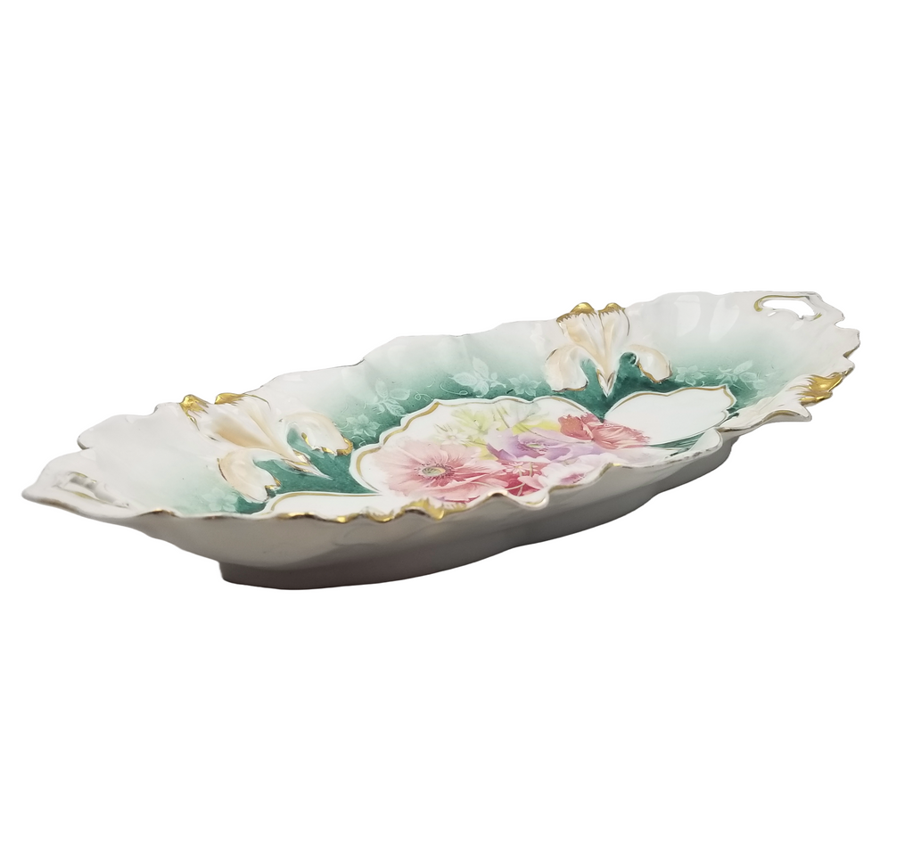 RS Prussia German Porcelain Celery Dish Relish Tray Lily Mold 25 Teal Green Pink Floral Pattern