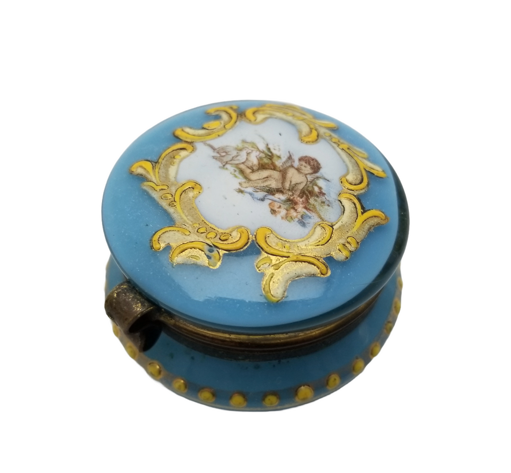 Bohemian Art Glass Pill Box Blue Opalescent Hand Painted Enamel Decorated Cherub Angel