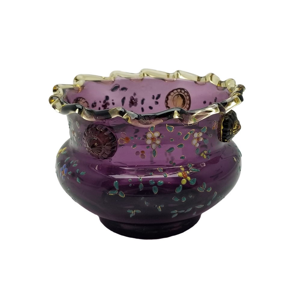 Moser Bohemian Purple Amethyst Art Glass Bowl Vase Rigaree Applied Prunts and Enamel Flowers