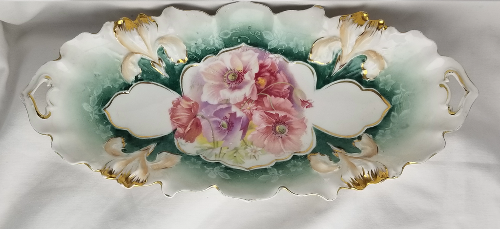 RS Prussia German Porcelain Celery Dish Relish Tray Lily Mold 25 Teal Green Pink Floral Pattern