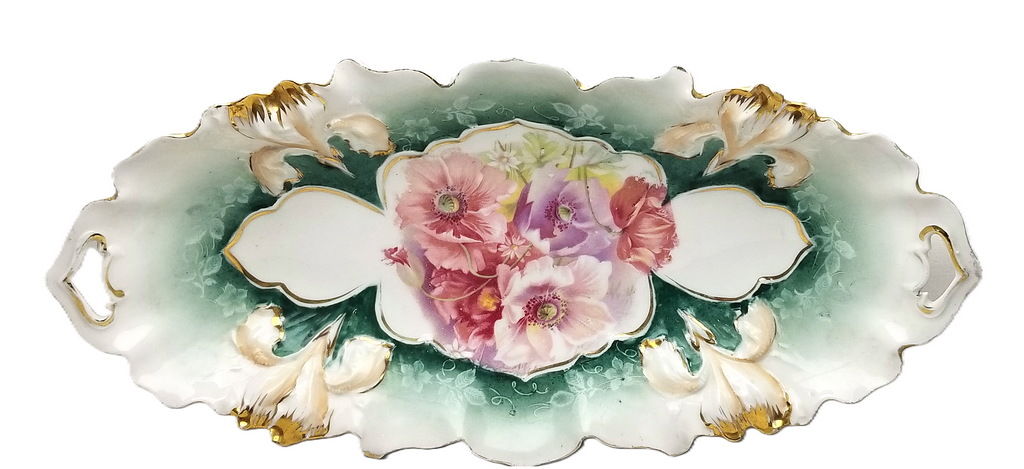 RS Prussia German Porcelain Celery Dish Relish Tray Lily Mold 25 Teal Green Pink Floral Pattern