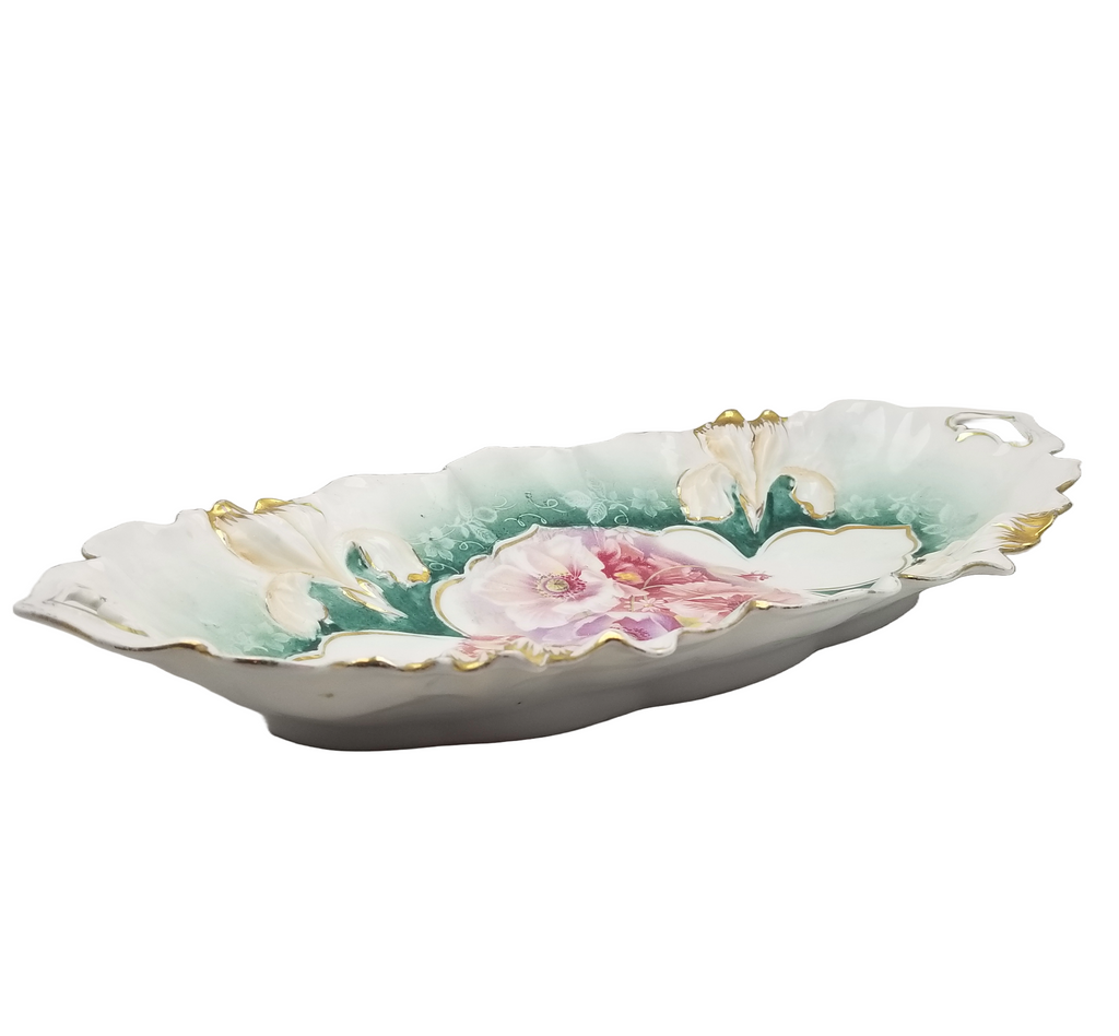 RS Prussia German Porcelain Celery Dish Relish Tray Lily Mold 25 Teal Green Pink Floral Pattern